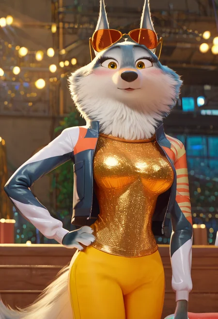 zPDXL, score_9,score_8_up,score_7_up,_up, best quality, amazing quality, masterpiece, 1girl, looking at viewer, solo, fullbody, cute, blush, tight cloth, blush, close, upper body, porsha, yellow eyes, white-blue fur, wolf girl, wolf ears, wolf tail, gold t-shirt, jacket, yellow pants, sneakers, sunglasses, eyewear on head, yellow eyewear, <lora:PorshaUPDATED:1> indoors, stage, party lights, contour_deepening, depth of field, huge filesize,large breasts, blurry background, Expressiveh, good_hands, <lora:Expressive_H:0.8>, <lora:Detail_Slider_v1.4_iteration_3:4>, <lora:pony_good_hands:0.8>
