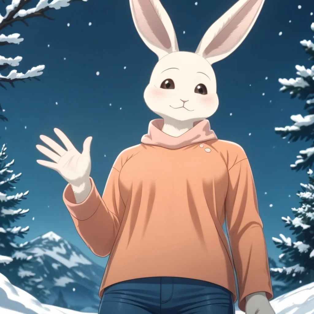 score_9, score_8_up, score_7_up, Expressiveh, masterpiece, best quality, highly detailed, realistic, 1girl, solo, (HaruS3, furry, anthro, lagomorph, female rabbit, pink inner ear, black eyebrows, thin eyebrows, brown sclera, black eyes, glistening eyes, white body, white fur, clothed, orange shirt, orange topwear, blue pants, three-quarter portrait), front view, looking at viewer, blushing, smile, closed mouth, (snow, blue sky, snowing, detailed background), low-angle view, (ultra realistic, 32k, masterpiece:1.2), (high detailed skin:1.1), (high quality:1.1), bokeh, luminescent background, (waving), 5 fingers