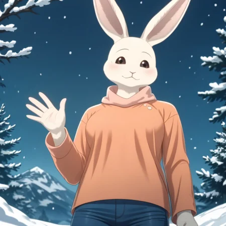 score_9, score_8_up, score_7_up, Expressiveh, masterpiece, best quality, highly detailed, realistic,  1girl, solo, (HaruS3, furry, anthro, lagomorph, female rabbit, pink inner ear, black eyebrows, thin eyebrows, brown sclera, black eyes, glistening eyes, white body, white fur, clothed, orange shirt, orange topwear, blue pants, three-quarter portrait), front view, looking at viewer, blushing, smile, closed mouth, (snow, blue sky, snowing, detailed background), low-angle view, (ultra realistic, 32k, masterpiece:1.2), (high detailed skin:1.1), (high quality:1.1), bokeh, luminescent background, (waving), 5 fingers