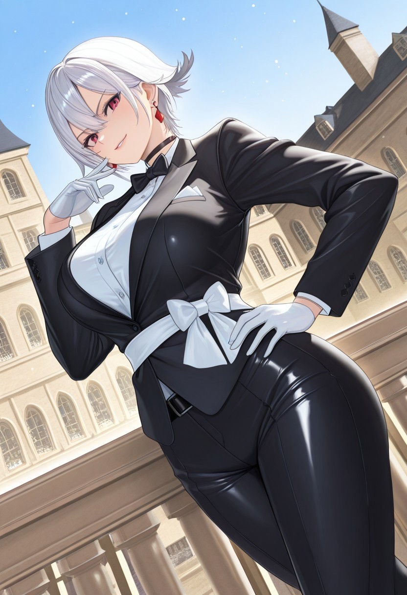 (score_9, score_8_up:1.1), score_7_up, (masterpiece:1.2), (best quality:1.3), amazing quality, very aesthetic, best aesthetic, highres, absurdres, HD, 4k, shading, newest, perfect composition, intricate details, detailed face and eyes, cel-shaded, sharp lines, Beautiful background, color vibration, shiny effect, shiny, smooth detail, scenery, alternate costume, 1girl, solo, female focus, Christie, white hair, short hair, flipped hairstyle, flipped hair, earrings, choker, bow, bowtie, formal, suit, tuxedo, black jacket, gloves, pants, white sash, belt, shoes, toned, toned body, large breasts, confident, smirk, beautiful, looking at viewer, dynamic pose, standing, cowboy shot, dutch angle, masterful composition, dynamic movement, sidelighting, light particles, outside, mansion, manor, balcony, edgy, traditional media, semi realistic, hand on hip, one hand up, dramatic shadows,