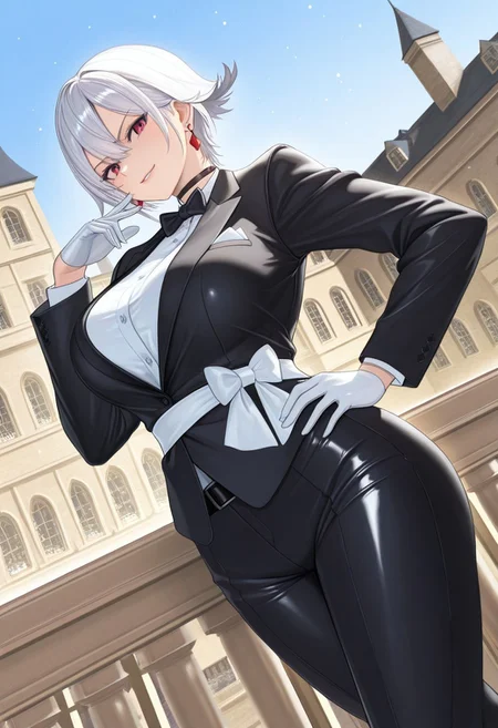 (score_9, score_8_up:1.1), score_7_up, (masterpiece:1.2), (best quality:1.3), amazing quality, very aesthetic, best aesthetic, highres, absurdres, HD, 4k, shading, newest, perfect composition, intricate details, detailed face and eyes, cel-shaded, sharp lines, Beautiful background, color vibration, shiny effect, shiny, smooth detail, scenery, alternate costume, 1girl, solo, female focus, Christie, white hair, short hair, flipped hairstyle, flipped hair, earrings, choker, bow, bowtie, formal, suit, tuxedo, black jacket, gloves, pants, white sash, belt, shoes, toned, toned body, large breasts, confident, smirk, beautiful, looking at viewer, dynamic pose, standing, cowboy shot, dutch angle, masterful composition, dynamic movement, sidelighting, light particles, outside, mansion, manor, balcony, edgy, traditional media, semi realistic, hand on hip, one hand up, dramatic shadows,