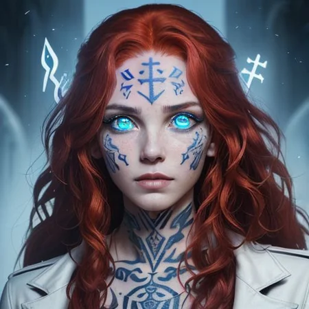 bright red hair, human female, (feminine:1.7), (beautiful face, detailed face:1.6), (beautiful eyes, detailed eyes:1.7), (looking at viewer, eye contact, intense:1.6), (long hair, red hair, curly hair:1.3), , ((masterpiece, best quality, high resolution, realistic, best quality,)), photo realistic, Perfect Face, (detailed face). <lora:GoodHands-vanilla:0.6> <lora:add-detail-xl:0.8>, mage, (Dress White military uniform coat), dagger, rune dagger, glowing runes, , (((glowing magic symbols tattoos, religious tattoos))), ((face tattoos)), glowing tattoos, stone tower in the background