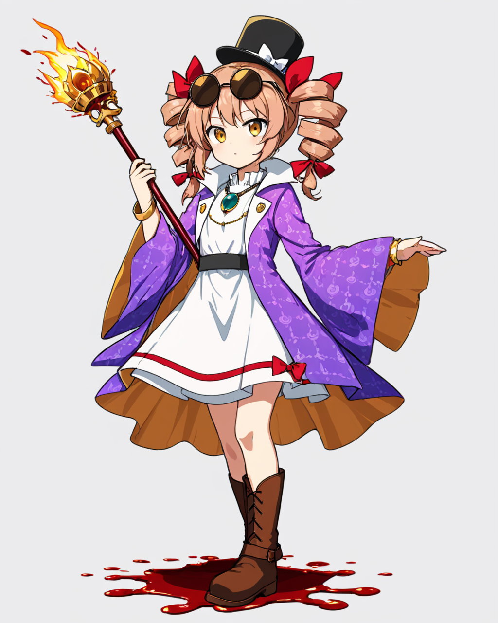 yorigami jo'on,1girl, sunglasses, solo, twin_drills, boots, white_background, necklace, pendant, full_body, brown_footwear, top_hat, simple_background, mace, holding_weapon, hat_bow, unmoving_pattern, white_dress, standing, coat, long_sleeves, hair_ribbon, black_headwear, blood_on_weapon, bracelet, short_dress, twintails, wide_sleeves, purple_jacket
<lora:yorigami_jo'on_image1462_2023-12-20-000014:1>,star-shaped_pupils,symbol-shaped_pupils,. gorgeous,key visual, vibrant, studio anime,award-winning, professional, highly detailed,high budget, cinemascope