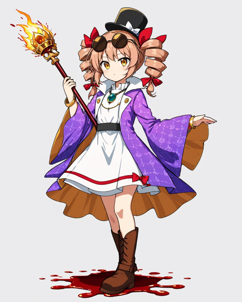 yorigami jo'on,1girl, sunglasses, solo, twin_drills, boots, white_background, necklace, pendant, full_body, brown_footwear, top_hat, simple_background, mace, holding_weapon, hat_bow, unmoving_pattern, white_dress, standing, coat, long_sleeves, hair_ribbon, black_headwear, blood_on_weapon, bracelet, short_dress, twintails, wide_sleeves, purple_jacket
<lora:yorigami_jo'on_image1462_2023-12-20-000014:1>,star-shaped_pupils,symbol-shaped_pupils,. gorgeous,key visual, vibrant, studio anime,award-winning, professional, highly detailed,high budget, cinemascope