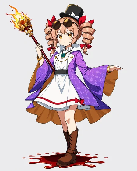 yorigami jo'on,1girl, sunglasses, solo, twin_drills, boots, white_background, necklace, pendant, full_body, brown_footwear, top_hat, simple_background, mace, holding_weapon, hat_bow, unmoving_pattern, white_dress, standing, coat, long_sleeves, hair_ribbon, black_headwear, blood_on_weapon, bracelet, short_dress, twintails, wide_sleeves, purple_jacket
<lora:yorigami_jo'on_image1462_2023-12-20-000014:1>,star-shaped_pupils,symbol-shaped_pupils,. gorgeous,key visual, vibrant, studio anime,award-winning, professional, highly detailed,high budget, cinemascope