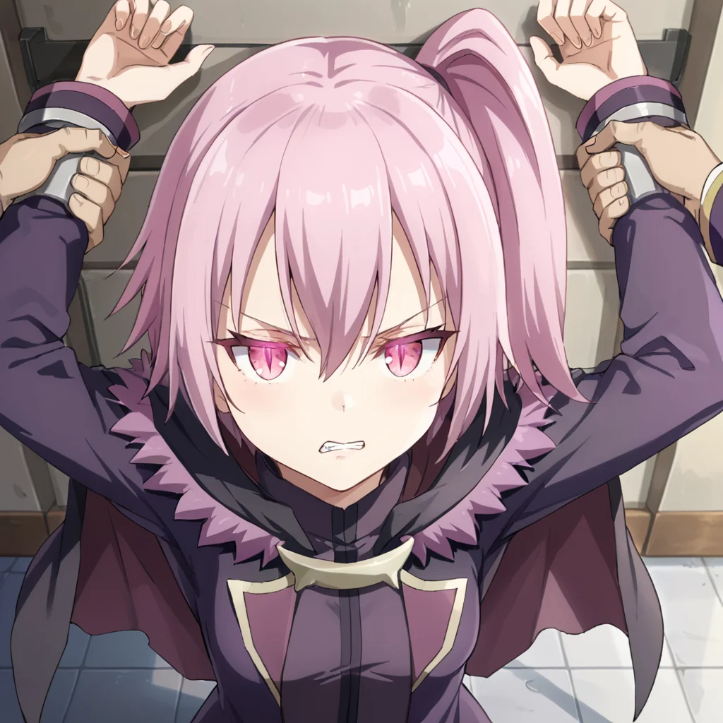 1girl and 1boy, ultima, slit pupils, pink hair, purple hair, short hair, side ponytail, pink eyes, bangs, hair between eyes, breasts, small breasts, black jacket, dress, fur trim, purple trim, capelet, long sleeves, long dress, hips, looking at viewer,
(from above:1.2), (arms up:1.1), arms above head, against wall, (legs:1.1), (thighs:1.1), glaring, (arm grab:1.2), restrained, arm hold, clenched teeth, (looking up:1.1), glowing eyes, glowing,
<lora:Ultima:0.8>