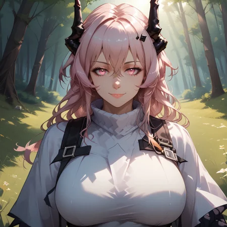 score_9, score_8, BREAK, solo, ((theresa (arknights))), horns, black horns, pink hair, pink eyes, hair between eyes, long hair, sidelocks, bangs, adult female, mature female, big breasts, sexy pose, self portrait, smile, looking at viewer, outdoors, sunlight, shadows, evening lighting, natural lighting, forest, trees, grass, orange sky, sunset