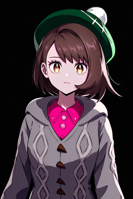 high resolution, highly detailed, perfect lighting, beautiful detailed eyes, upper body, black background, 1girl, solo,  <lora:Gloria_Pokemon_P1:1>,     gloria (pokemon),  green hat, grey cardigan, hooded cardigan, cable knit, pink dress, long sleeves, collared dress,  curvy,