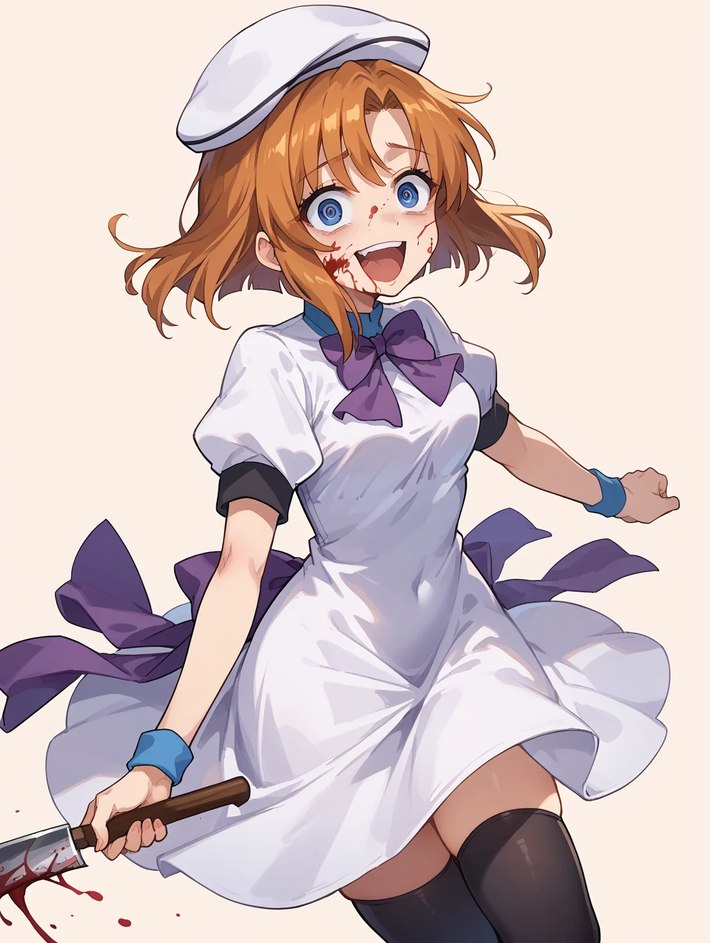 score_9, score_8_up, score_7_up,source_anime,BREAK,
Ryuuguu_rena, beret, black thighhighs, bowtie, dress, hat, puffy short sleeves, puffy sleeves, purple bowtie, short sleeves, thighhighs, white dress
laughing, crazy eyes, cleaver, blood on face, blood on clothes, running towards viewer,  simple background,  running, 
<lora:Ryuuguu_rena:1>