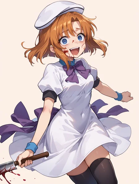 score_9, score_8_up, score_7_up,source_anime,BREAK,
Ryuuguu_rena, beret, black thighhighs, bowtie, dress, hat, puffy short sleeves, puffy sleeves, purple bowtie, short sleeves, thighhighs, white dress
laughing, crazy eyes, cleaver, blood on face, blood on clothes, running towards viewer, simple background, running,
<lora:Ryuuguu_rena:1>