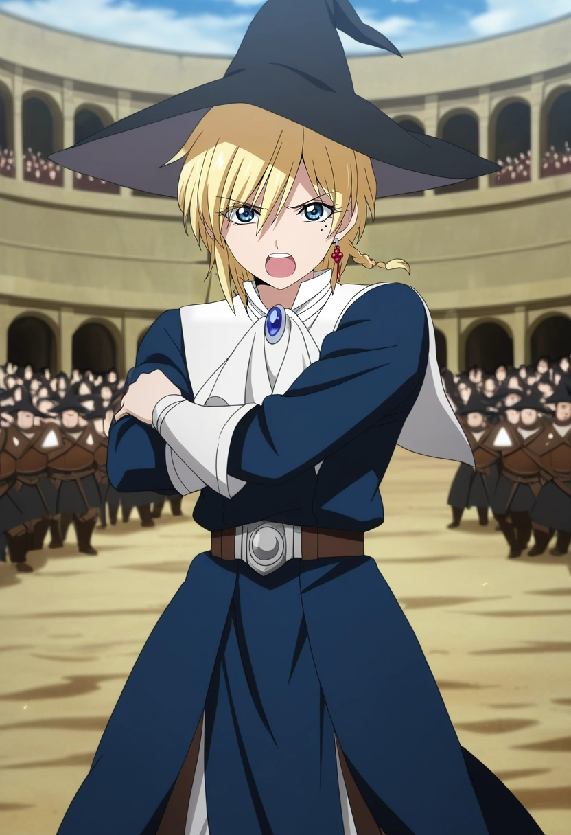 masterpiece, best quality, anime screencap, official style, anime coloring, cowboy shot, 1boy, solo, male focus, <lora:titus_alexius_ilxl:0.92>, titus_alexius, blonde hair, blue eyes, short hair, braid, mole, mole under eye, earrings, witch hat, roman gladiatorial arena, roaring crowd, armored fighters, bloodied sand, fighting pose, intense expression, midday sun,