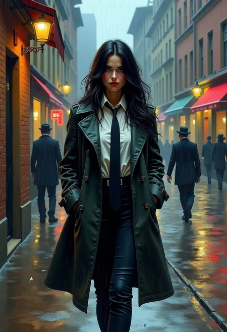 m0d3rn1mpr, A painterly, modern impressionist artwork depicting a very short stocky muscular buxom young woman with long black hair wearing a dark trenchcoat and a white men's shirt and a long tie, walking at night down an old rainy street with brick buildings in a European style. Her hands are in her pockets and her face is pensive and androgynous. She is smoking a cigarette. Other people are just vague shapes in the rain and fog, and the electric streetlights cast glittering reflections in the puddles. The scene has a strong Noir quality to it, and the brushstrokes are painterly and blurred, playing with shadows and light in the dark, wind, and rain.