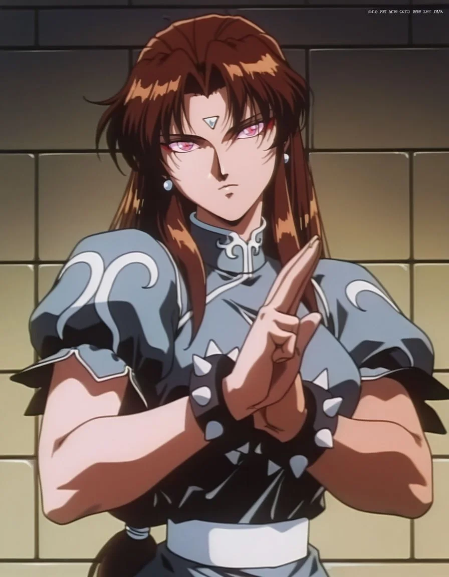 masterpiece, best quality, <lora:Chunli:1>, uselessli, brown hair, long hair, head tilt, medium breasts, parted bangs, short sleeves, anime coloring, earrings,dark skin,pink eyes, facial mark, retro artstyle, 1990s (style), expressionless, upper body, fighting stance, spiked bracelet,