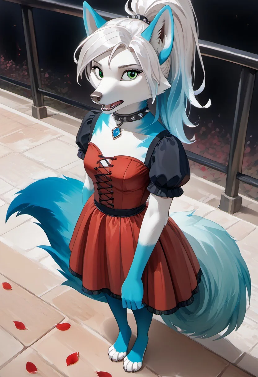 The furry arctic fox (turquoise (#30d5c8) fur) has turquoise colored fur all over its body, with white hair pulled back in a ponytail and green eyes, the female. The emphasis is on the face, a well-developed face, well-developed hands, well-developed legs. Dressed in a gothic red dress. It stands on a pedestal. He stands controlling the blue flame. The petals of the flame are woven into the fur. The darkness is all around. View from above. an adult girl about 25 years old
