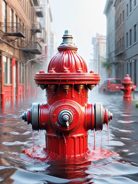 ais-fld a bright red fire hydrant on an empty street <lora:Flooded_SDXL:1>