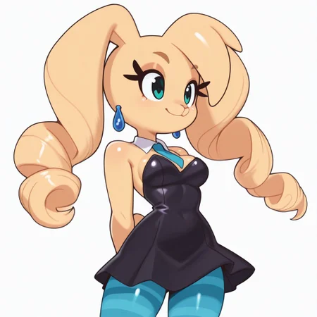 Masterpiece , high quality, 1girl, solo, rabbit girl, blonde body, furry, anthro, blonde fur, 1girl, blonde hair, twin drills, black school uniform, dress, blue pantyhose, striped pantyhose, rabbit ears, bunny girl,blue earrings, animal ears, animal nose, white background, sassy, medium breasts size, smiling, bare shoulders,sleeveless, anime eyes, detailed eyes, blue tie, eyelashes, aqua cyan eyes, beautiful eyes, bright colors, light eyes color, shiny skin, muscular, solo, dynamic pose