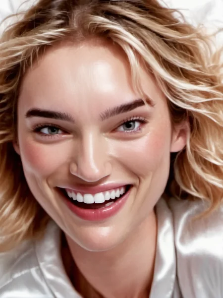 1girl, realistic, blond,
portrait, face closeup, smile, open mouth, mouth open, wearing satin pajamas, white background, looking at us,
 <lora:abbie-synth-xl-lora-1:1>