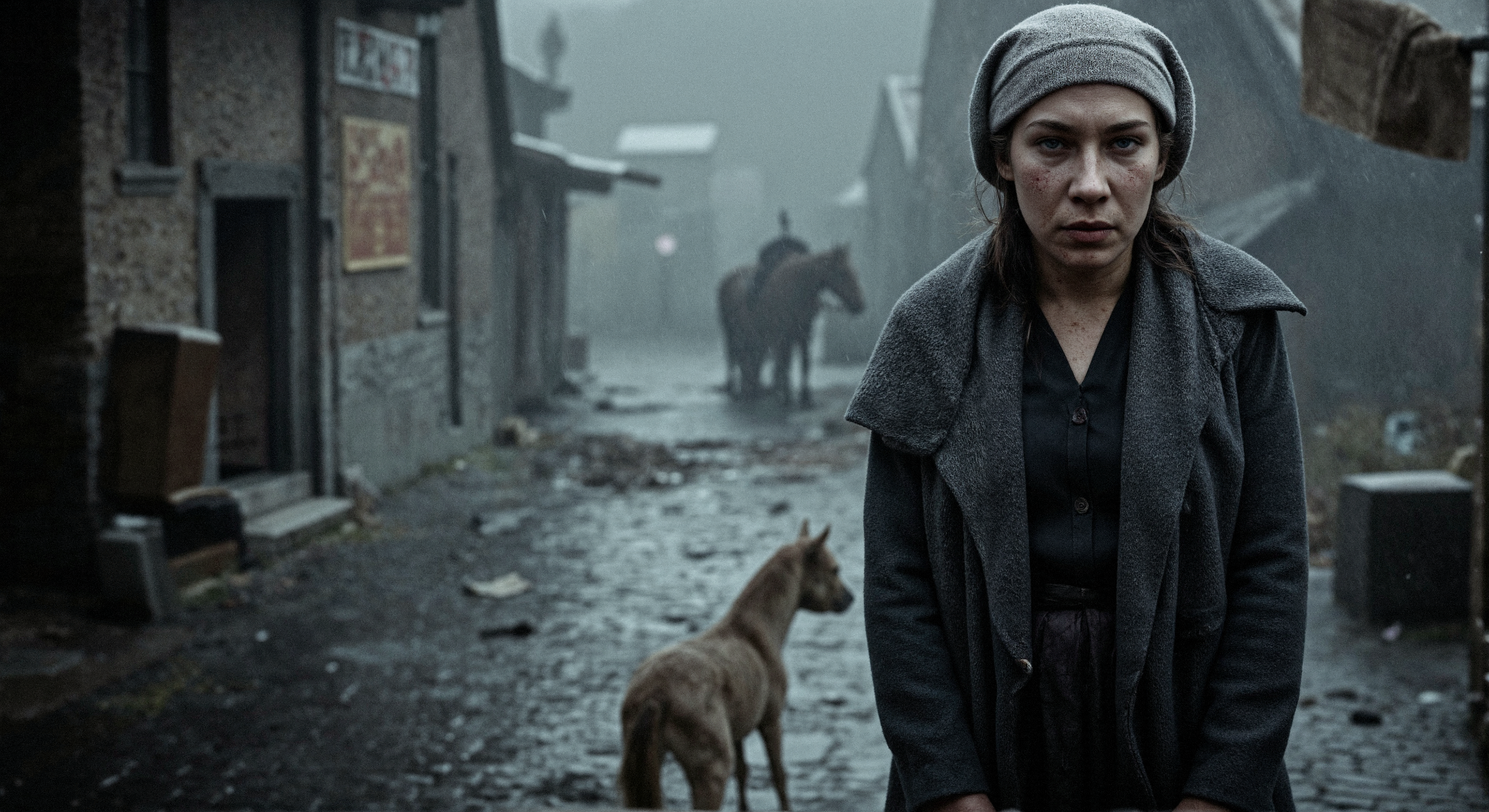 aidmarealisticskin. This is a high-resolution photograph of a 80 years old, weathered woman in a 16th-century town ravaged by the Black Death. The cobblestone streets, uneven and treacherous, are slick with rain and shrouded in a thick fog that obscures the dim light of the winter day.  A lone, skeletal dog scavenges amongst the refuse strewn across the street. In the distance, a lone horse stands dejectedly in front of a half-timbered inn, its sign creaking ominously in the wind.  The houses, their wattle and daub walls showing signs of decay and neglect, loom over the narrow street, their windows dark and lifeless. Washing hangs limply from a second-story window, a forlorn attempt at normalcy in the face of tragedy.  The woman's face is etched with wrinkles and sorrow, her eyes reflecting the grim reality of the plague-stricken town. She wears a dark, heavy woolen dress, the fabric coarse and worn, and a shawl pulled tightly around her shoulders against the biting cold.  Her grey hair is covered by a simple linen cap. The air is heavy with the smell of damp earth, decay, and woodsmoke. The overall mood is one of despair and desolation, capturing the bleak aftermath of the plague in a 16th-century European town. Something very cruel happened to this extremely old woman,the marks and injuries of that are visible on her face.