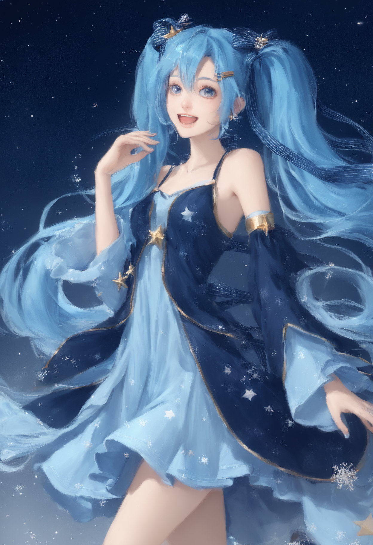 score_9,score_8_up,score_7_up,,source_anime BREAK  ,SHM17, hatsune miku, 1girl, yuki miku, constellation print, long hair, star \(symbol\), twintails, solo, blue hair, blue eyes, open mouth, hair ornament, very long hair, gloves, detached sleeves, dress, smile, blue dress, ribbon, star hair ornament, looking at viewer, starry sky print, hairclip, snowflakes, striped ribbon, upper body, hair bow, full body<lora:éªãã¯17:0.7>