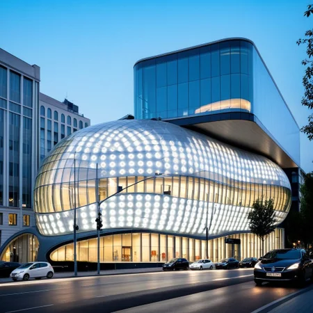 <lora:YourBlobitecture_XL:1> , ((blobitecture)), ((masterpiece)), ((best quality)), scenery, outdoors, sky, building, day, tree, city, real world location, road, motor vehicle, lamppost, window, reflection, curvy, curtain wall, glass,, photography, capturing moments, storytelling, creative composition