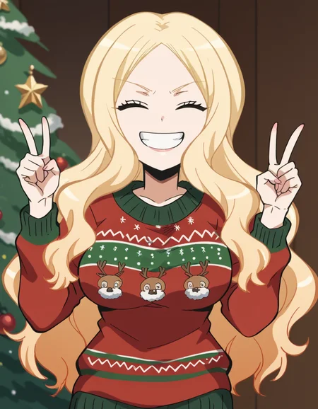 score_9, score_8_up, score_7_up, source_anime, <lora:irina-jelavic-s1s2-ponyxl-lora-nochekaiser:1>, irina jelavic, long hair, blonde hair, large breasts, anime screencap,, <lora:christmas-sweater-ponyxl-lora-nochekaiser:1>, christmas sweater, christmas, ugly sweater, print sweater, red sweater, christmas tree, christmas ornaments, sweater, multicolored sweater, , v, smile, hands up, teeth, closed eyes, cowboy shot,, , dutch angle, cowboy shot