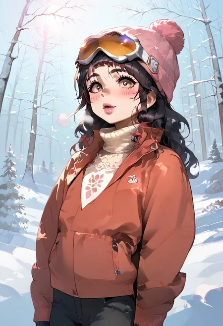 Atte_Nanakusa, MixedByErry, InCaseStyleZ, score_9, score_8_up, score_7_up, score_6_up, 1girl, chinese female (hazel brown eyes, long hair, wavy hair, black hair, red highlights), sk1gear (black beanie, gloves, red jacket, turtleneck sweater, black pants, eyewear on head, goggles), open jacket, slender body, (flat chest:1.4), soft lips (pink lipstick, shiny lips:1.4), stretching, motion lines, wide eyes, open mouth smile, (blush:1.4), cold breath, outdoors, snow, snowy pine tree forest, bright sun (lens flare, bloom), dramatic shadows, 4k uhd, absurdres, warm lighting, detailed light, cowboy-shot, (highres textures), soft light passing through hair, natural lighting, detailed background, beautiful face, cute face, detailed face