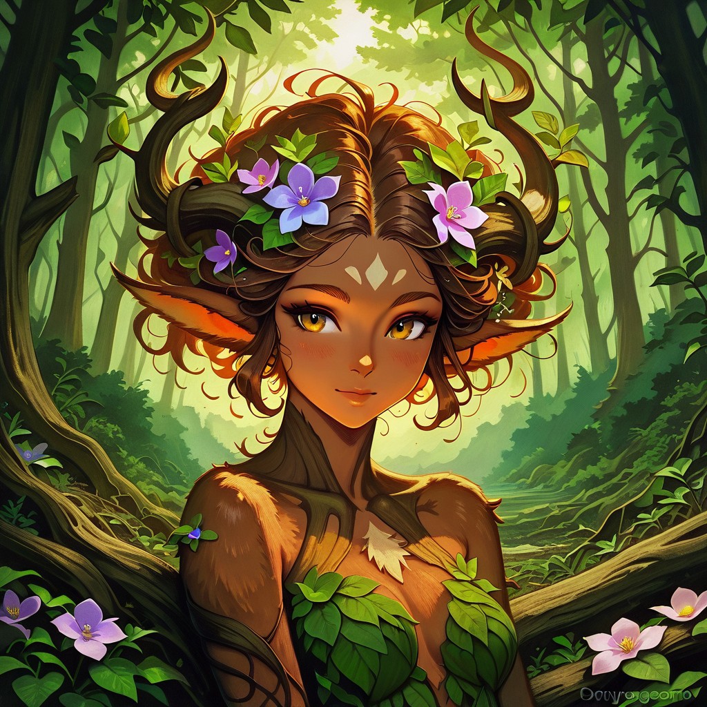 best quality, classic media, masterpiece, classic media, traditional media, oil painting, 1girl, faun, satyr, Dryad-NatureThemeV1 dryad, nature(theme) tree, leaf, nature, flower, pointy ears, bark skin, bark, dryad, nature(theme) wooden skin, bark skin, bark, dryad, nature(theme), wood