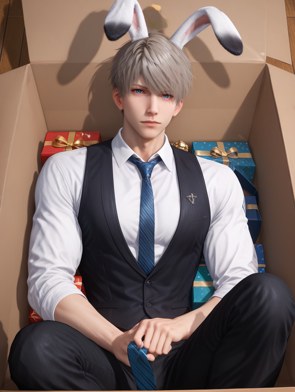 score_9,score_8_up,score_7_up,1boy,solo,yaoi,bara,male focus,fairly nsfw,uncersored,highres,best quality,amazing quality,best aesthetic,absurdres,<lora:add-detail-xl:1>,<lora:Expressive_H:1>,Expressiveh,<lora:xavier-000009:0.7>,xavier,animal ears,rabbit ears,necktie,looking at viewer,black vest,rabbit boy,white shirt,collared shirt,blue necktie,black pants,christmas,gift,in container,in box,