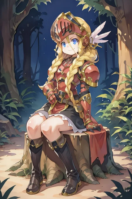 (score_9, score_8_up, score_7_up, score_6_up), source anime, BREAK, <lora:Aegina:0.75> , aegdef, 1girl, blonde hair, long hair, braid, blue eyes, valkyrie, visor (armor), winged helmet, armored dress, armor, gauntlets, boots, smug, evil grin, closed mouth, looking at viewer, solo, sitting, full body, stump, twin braids, <lora:zy_Detailed_Backgrounds_v1:0.5> , detailed background, highly detailed, castle, fortress, night, forest, overgrowth, jungle, <lora:Watercolor Anime Style LoRA_Pony XL v6:0.6> , watercolor \(medium\), traditional media,