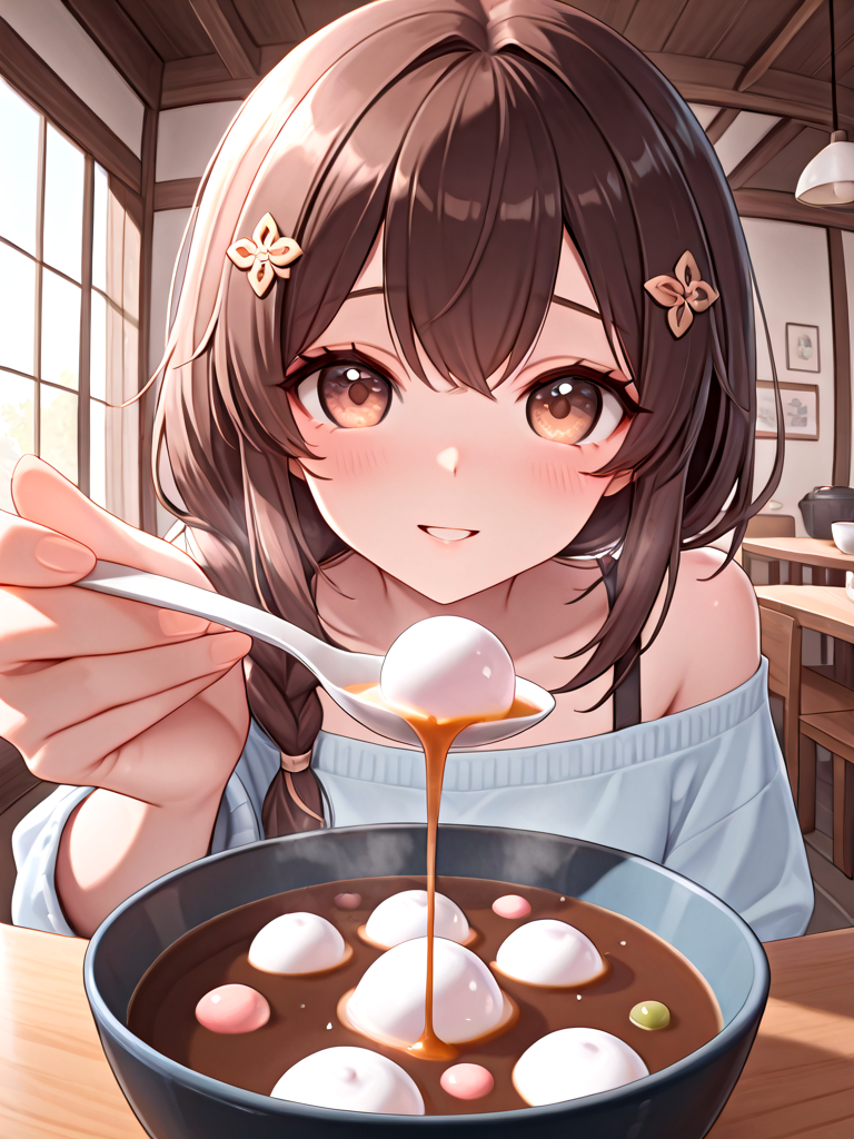 absurdres, explicit, tangyuan feeding, incoming food, blurry foreground, fisheye, pov, 1girl, shy, smile, holding spoon, hand up, sitting, soup, table, steam, steaming food, close-up, foreshortening, reaching towards viewer, single braid, brown hair, hair ornament, parted lips, <lora:girlliketangyuanfeeding_ilxl:0.8>