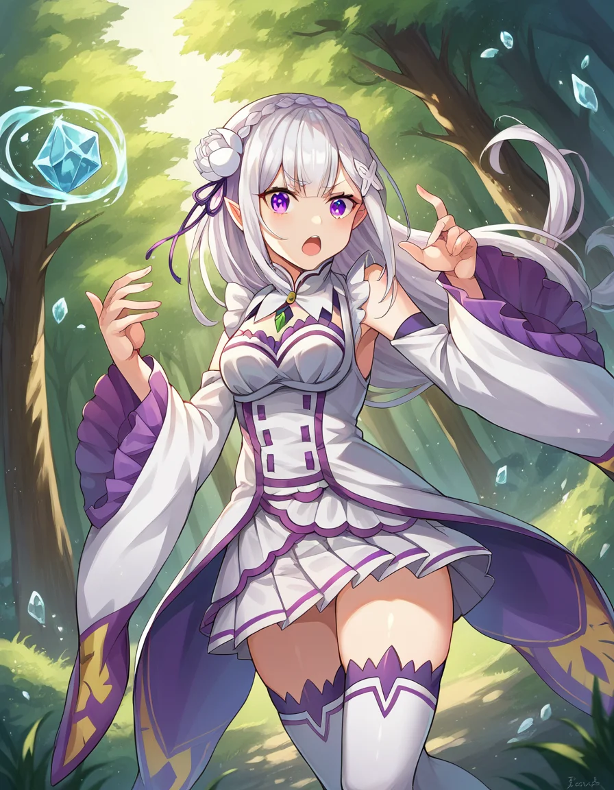 score_9, score_8_up, score_7_up, source_anime,
rezeroemilia, <lora:rezero-emilia-ponyxl-lora-nochekaiser:1>,
emilia, braid, crown braid, flower, hair flower, hair ornament, hair ribbon, long hair, pointy ears, purple eyes, white hair, x hair ornament,
detached collar, detached sleeves, frilled sleeves, frills, long sleeves, miniskirt, pleated skirt, ribbon, skirt, thighhighs, white skirt, white sleeves, white thighhighs, wide sleeves, zettai ryouiki,
outdoors, forest, nature, village, magic, fighting stance, ice, ice magic, open mouth,
looking at viewer, dutch angle, cowboy shot,