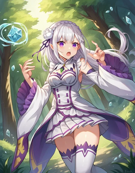 score_9, score_8_up, score_7_up, source_anime,
rezeroemilia, <lora:rezero-emilia-ponyxl-lora-nochekaiser:1>,
emilia, braid, crown braid, flower, hair flower, hair ornament, hair ribbon, long hair, pointy ears, purple eyes, white hair, x hair ornament,
detached collar, detached sleeves, frilled sleeves, frills, long sleeves, miniskirt, pleated skirt, ribbon, skirt, thighhighs, white skirt, white sleeves, white thighhighs, wide sleeves, zettai ryouiki,
outdoors, forest, nature, village, magic, fighting stance, ice, ice magic, open mouth,
looking at viewer, dutch angle, cowboy shot,