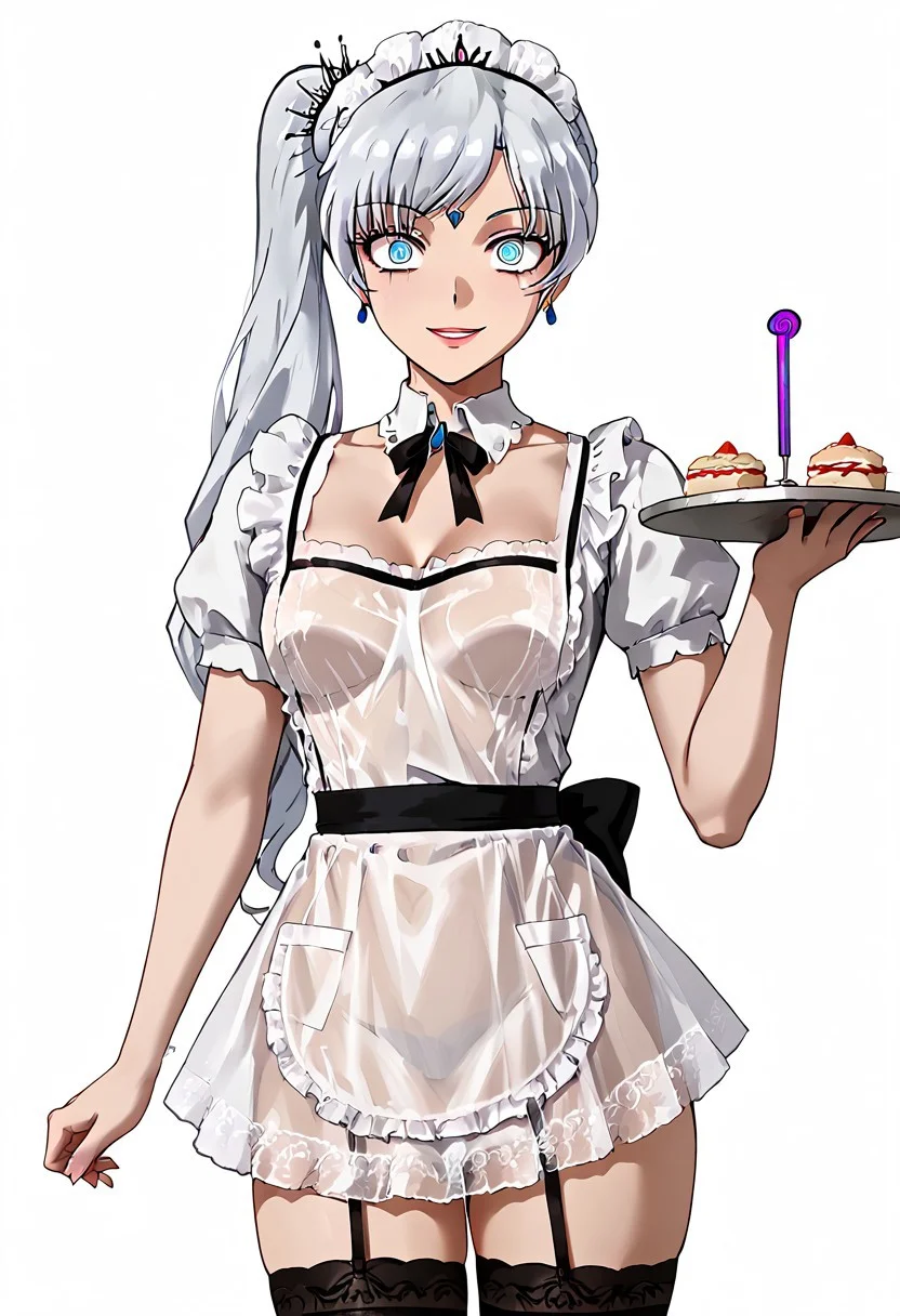 Weiss hypnotized to be maid,
score_9, anime, 1girl, lewd, smooth, 
mind control, hypnosis, shrunken iris, constricted pupils, empty eyes, squar3_ch1p, microchip, goofy smile,
l4c3m4, thighhighs, apron, maid headdress, standing at attention, holding tray, lingerie,
WeissSchnee, white hair, blue eyes, long hair, side ponytail, scar across eye