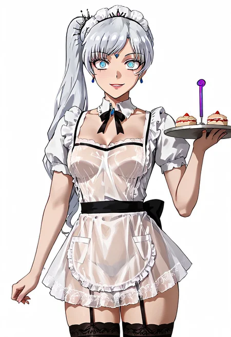 Weiss hypnotized to be maid,
score_9, anime, 1girl, lewd, smooth, 
mind control, hypnosis, shrunken iris, constricted pupils, empty eyes, squar3_ch1p, microchip, goofy smile,
l4c3m4, thighhighs, apron, maid headdress, standing at attention, holding tray, lingerie,
WeissSchnee, white hair, blue eyes, long hair, side ponytail, scar across eye