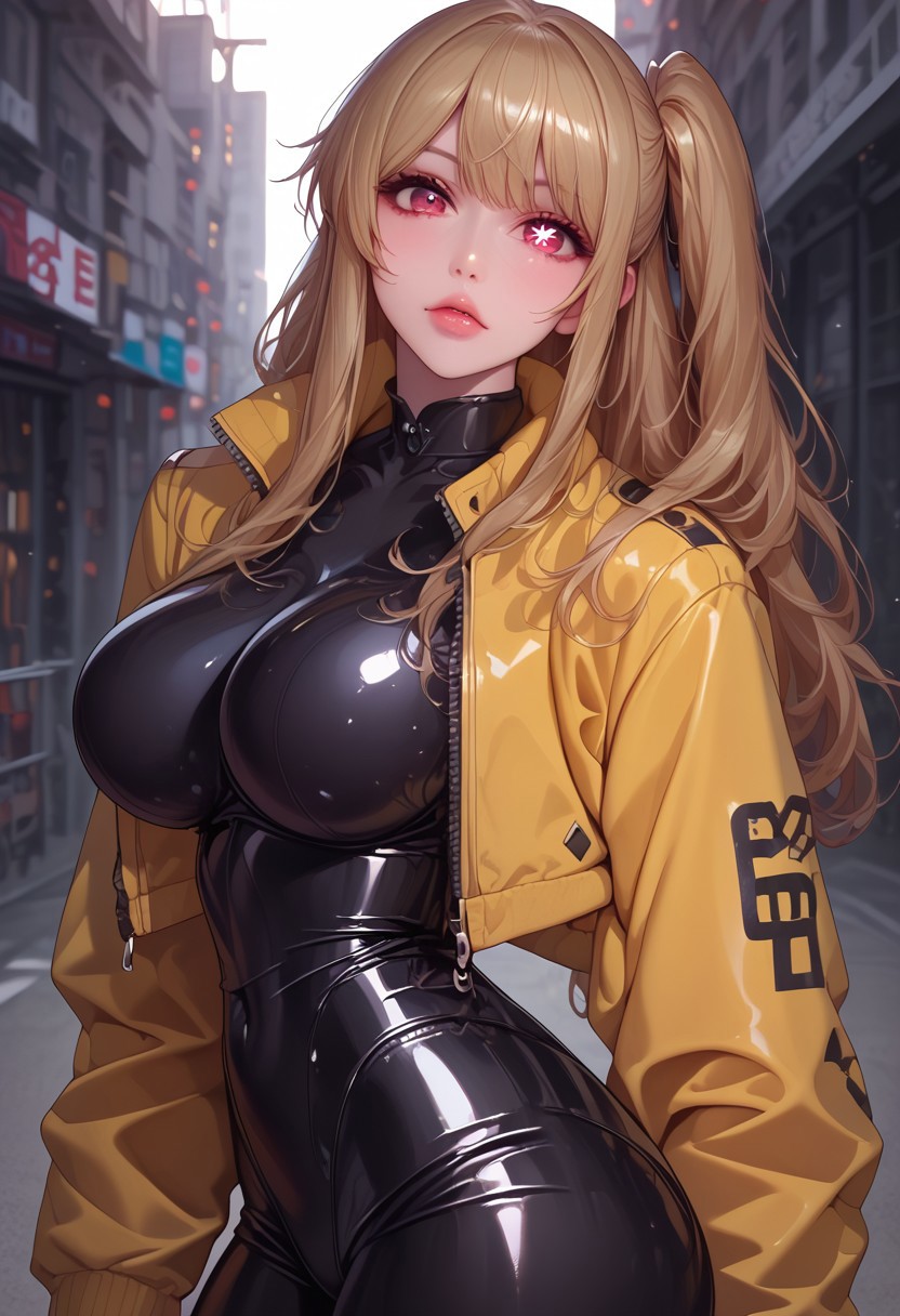 (((beautiful facel, young face, ))), score_6_up, score_5_up, score_4_up, 1girl, (score_9, score_8_up:1.1), 4k, highres, high quality anime, 1 girl, solo, hoshino ruby, blonde hair, long hair, one side up, red eyes, mismatched pupils, star-shaped pupils, large breasts, young lady, seductive face, detailed face, pale color skin, detailed skin, ((curvy, hourglass body, sk997cos_bodysuit, sk01 jacket, yellow jacket,fingerless gloves)), dynamic lighting, volumetric lighting, shiny skin, sunshine, ((standing, head tilt, side view, thigh gap, city, dynamic pose)), (((depth of field))), detailed anime masterpiece, intricate design, smooth skin, highly detailed,
