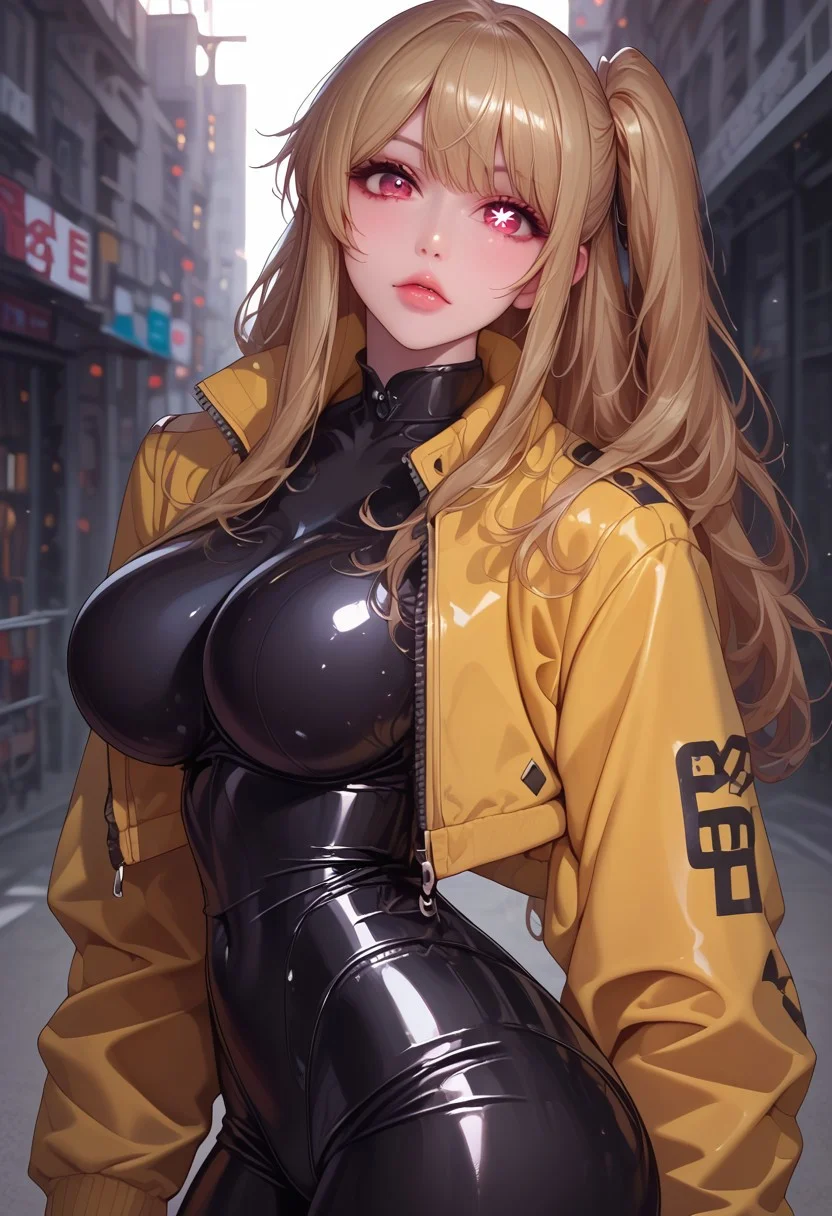 (((beautiful facel, young face, ))), score_6_up, score_5_up, score_4_up, 1girl, (score_9, score_8_up:1.1), 4k, highres, high quality anime, 1 girl, solo, hoshino ruby, blonde hair, long hair, one side up, red eyes, mismatched pupils, star-shaped pupils, large breasts, young lady, seductive face, detailed face, pale color skin, detailed skin, ((curvy, hourglass body, sk997cos_bodysuit, sk01 jacket, yellow jacket,fingerless gloves)), dynamic lighting, volumetric lighting, shiny skin, sunshine, ((standing, head tilt, side view, thigh gap, city, dynamic pose)), (((depth of field))), detailed anime masterpiece, intricate design, smooth skin, highly detailed,