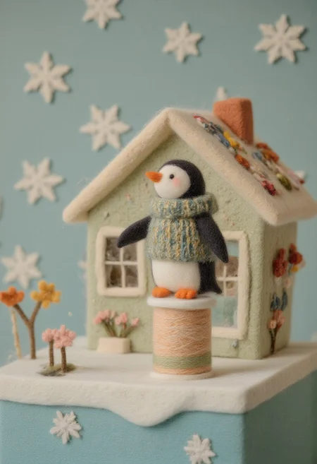 felt-crafted, felt art, a penguin in a knitted sweater sitting atop a spool of thread. The background is a cozy house. Some snowflakes. A pond sits to one side.
