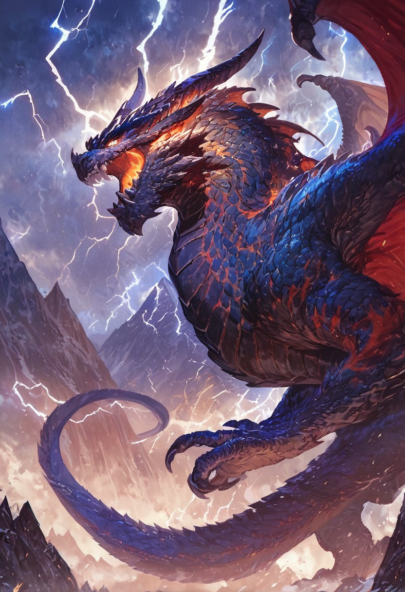 score_9, score_8_up, score_7_up, score_6_up, score_5_up, score_4_up, gigantic storm dragon, teeth, horns, long tail, wings, mountains, lightning aura,fantasy,solo focus,epic