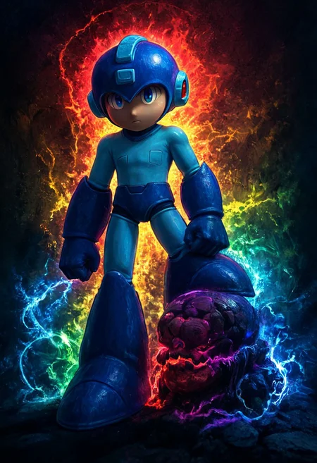 Rockmegamen, dark fantasy theme, rainbow colored silhouette outline against a dark background, megaman, blue helmet, beautiful horror, anime, magical fantasy, plasma pattern, dark lights
,epic, cinematic colors, masterpiece, detailmaximizer, midjourneyv6.1