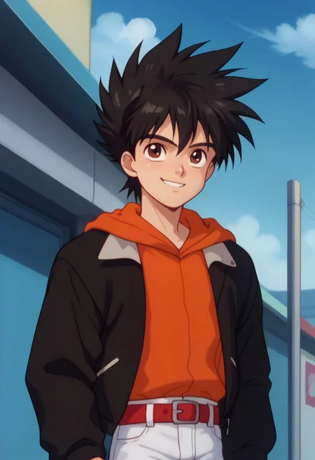 score_9, score_8_up, score_7_up, source_anime, highly detailed,
hayatokazami, 1boy, male focus, solo, hoodie, black hair, brown eyes, spiked hair, hood,
upper body, orange hoodie, jacket, open jacket, belt, red belt, white pants, smile,
outdoor, sky,