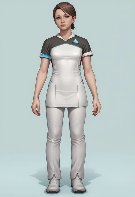 score_9, score_8_up, score_7_up, score_6_up, score_5_up, score_4_up, 1girl, <lora:KaraDBH:0.8> solo, short hair, brown hair, blue eyes, lips, short ponytail, dress, pants, short sleeves, full body, white pants, white footwear, front view,
(light blue background), simple background,