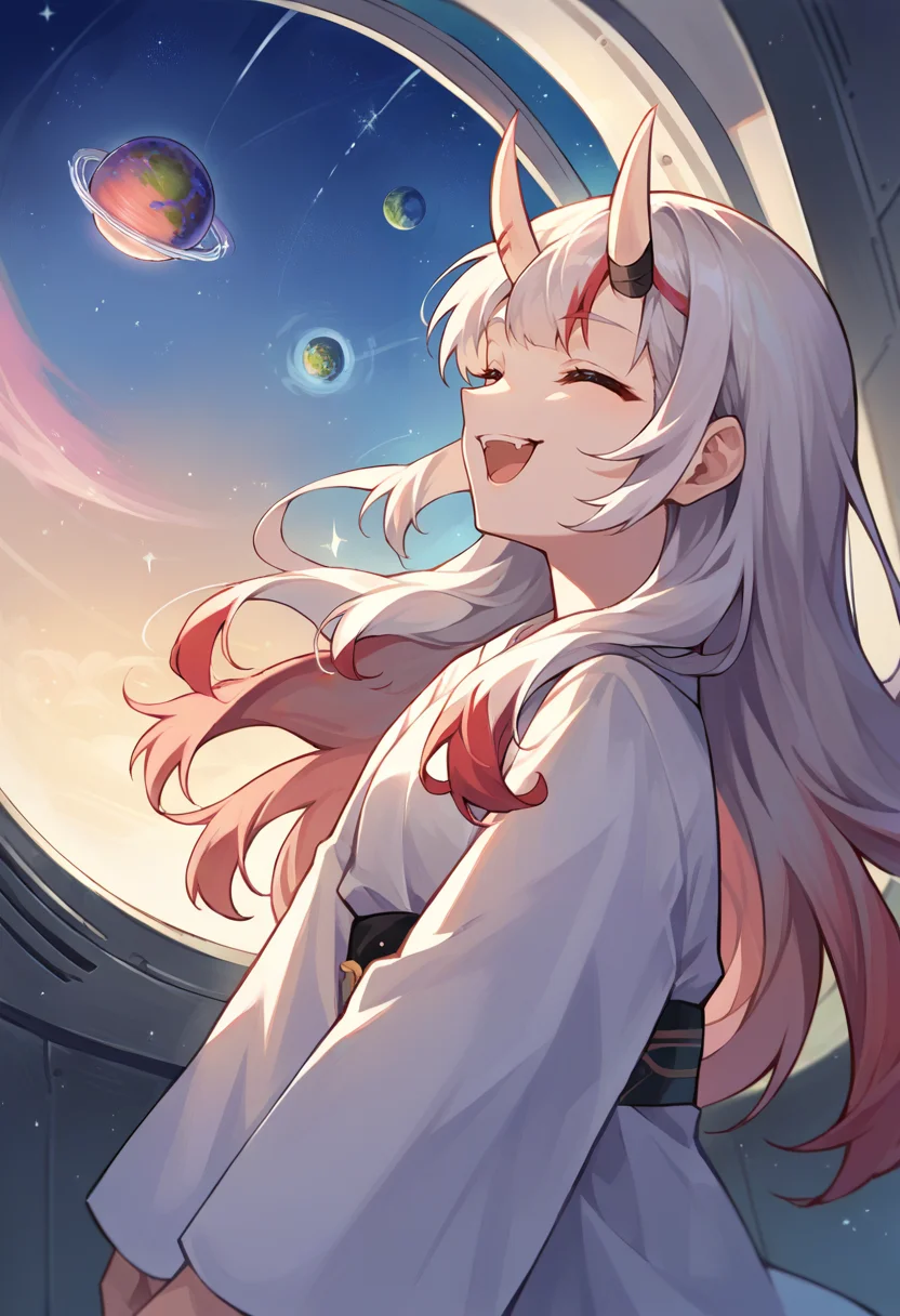 score_9, score_8_up, score_7_up, source_anime, 1girl, solo, NakiriAyame, oni horns, long hair, wide shot, smile, laughing, window, space station, planet, space, nebula, <lora:CHAR-NakiriAyamePonyXL:1>
