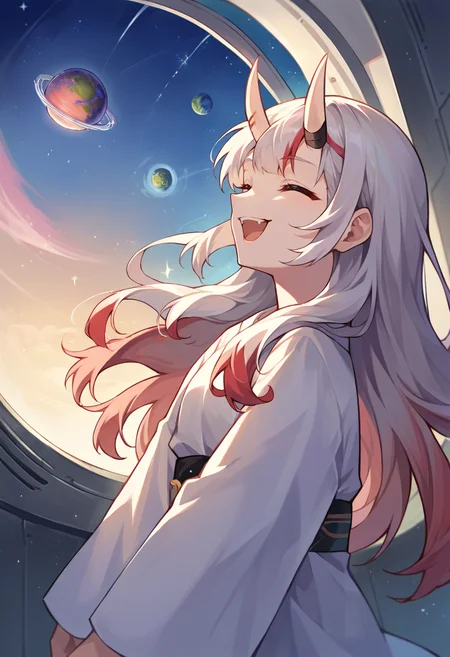 score_9, score_8_up, score_7_up, source_anime, 1girl, solo, NakiriAyame, oni horns, long hair, wide shot, smile, laughing, window, space station, planet, space, nebula, <lora:CHAR-NakiriAyamePonyXL:1>