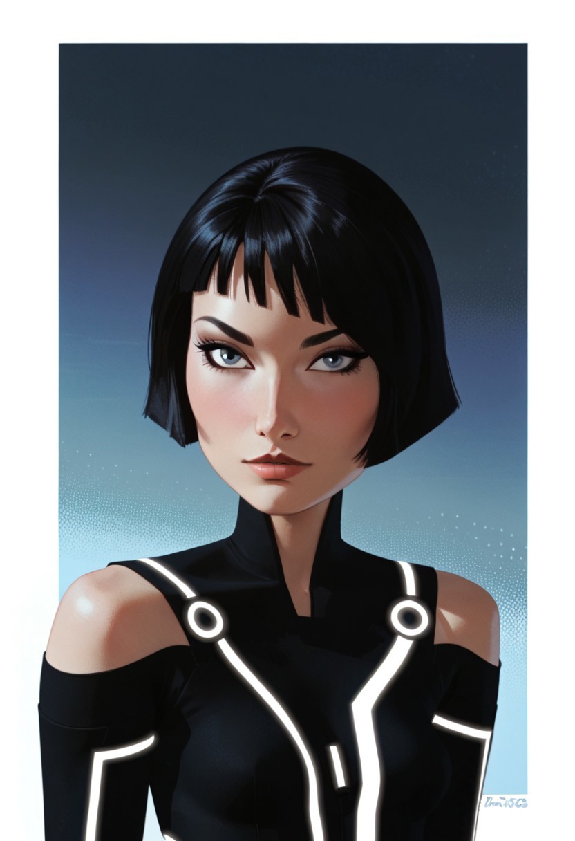 score_9, score_8_up, score_8_up, btimmsketch, (portrait shot:1.1), 
1girl, QuorraUprising, dark hair, bob cut , blue eyes, black bodysuit, neon trim, long sleeves,
sexy pose, halftone effect, white borders, abstract background:1.2