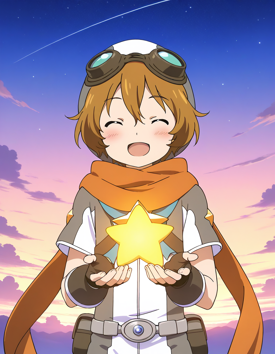 general,highres, ultra-detailed,very aesthetic,best quality ,best hands,  BREAK <lora:Elnath_Houkago_no_Pleiades_IS:1> Elnath(Pleiades), 1boy,solo, scarf, goggles, brown hair, goggles on head, short hair, aqua eyes, 
smile,male child, star (symbol), closed eyes, 
 open mouth, blush, gloves, fingerless gloves, solo focus, ^_^, :d
galaxy, sky,