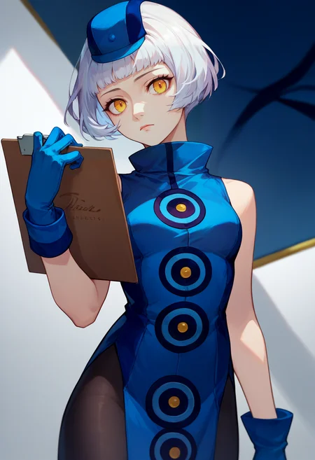 score_9, score_8_up, score_7_up, solo, 1girl, p3elizabeth, expressionless, looking at viewer, holding clipboard, hat, blue dress, sleeveless dress, blue gloves, black pantyhose <lora:persona3_elizabeth_ponyXL:1>