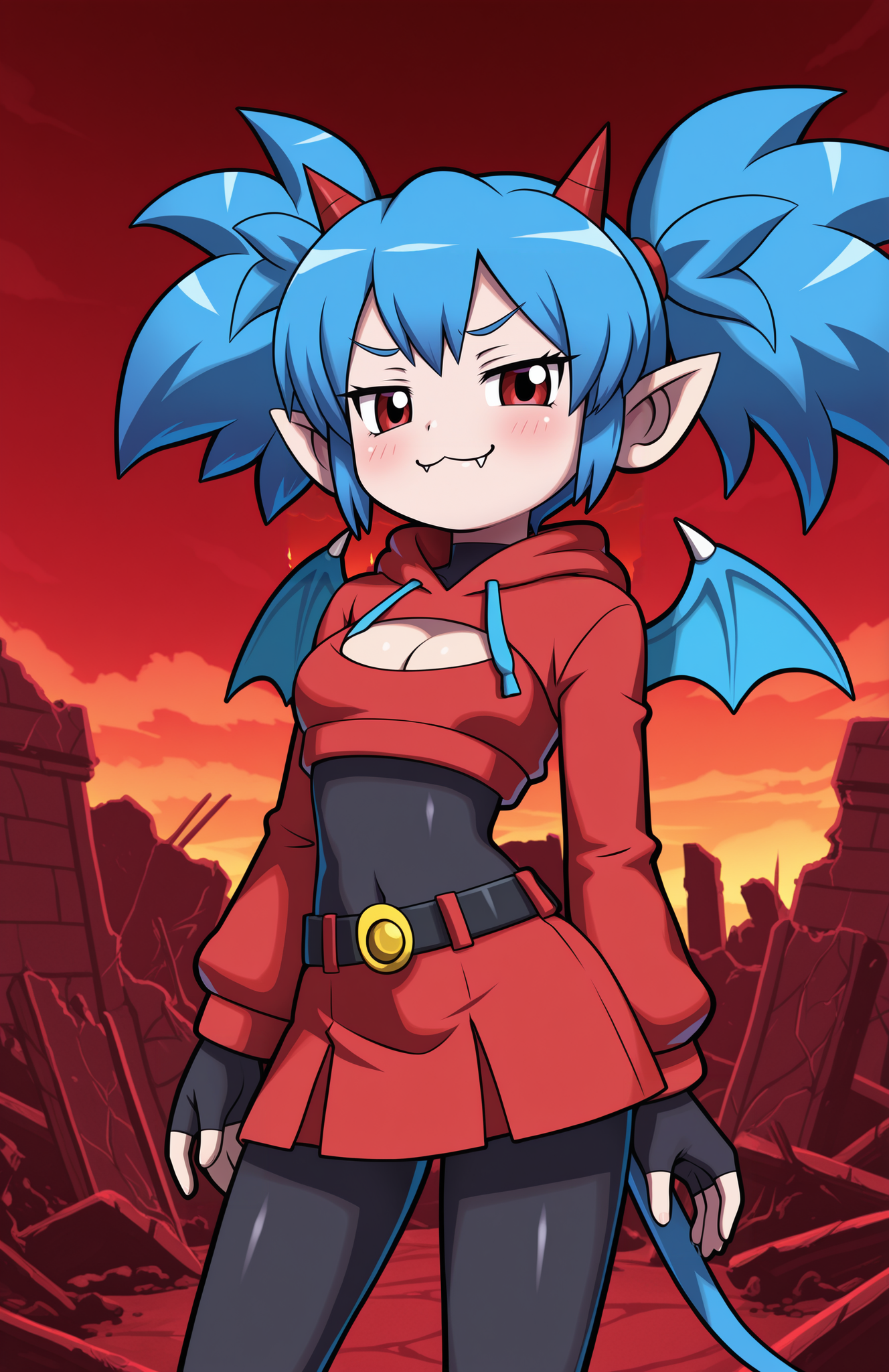 1girl, solo, ruins, hell, cloud, red sky, dark sky, fiery sky, fire, cowboy shot,
<lora:Nullantwins:0.8> zhuu, red eyes, blue hair, red horns, demon tail, blue tail, demon wings, blue wings, twintails, big hair, pointy ears,
red hoodie, cropped hoodie, long sleeves, black bodysuit, fur-trimmed hoodie, blue fur, black gloves, fingerless gloves, cleavage cutout, red skirt, midriff, black belt, belt buckle, blue drawstring,
contrapposto, light smile, blush, looking at viewer, smug, :3, fangs out,
 <lora:PiratesCurse-13:1> prtcrs, extremely detailed, highres, masterpiece, best quality