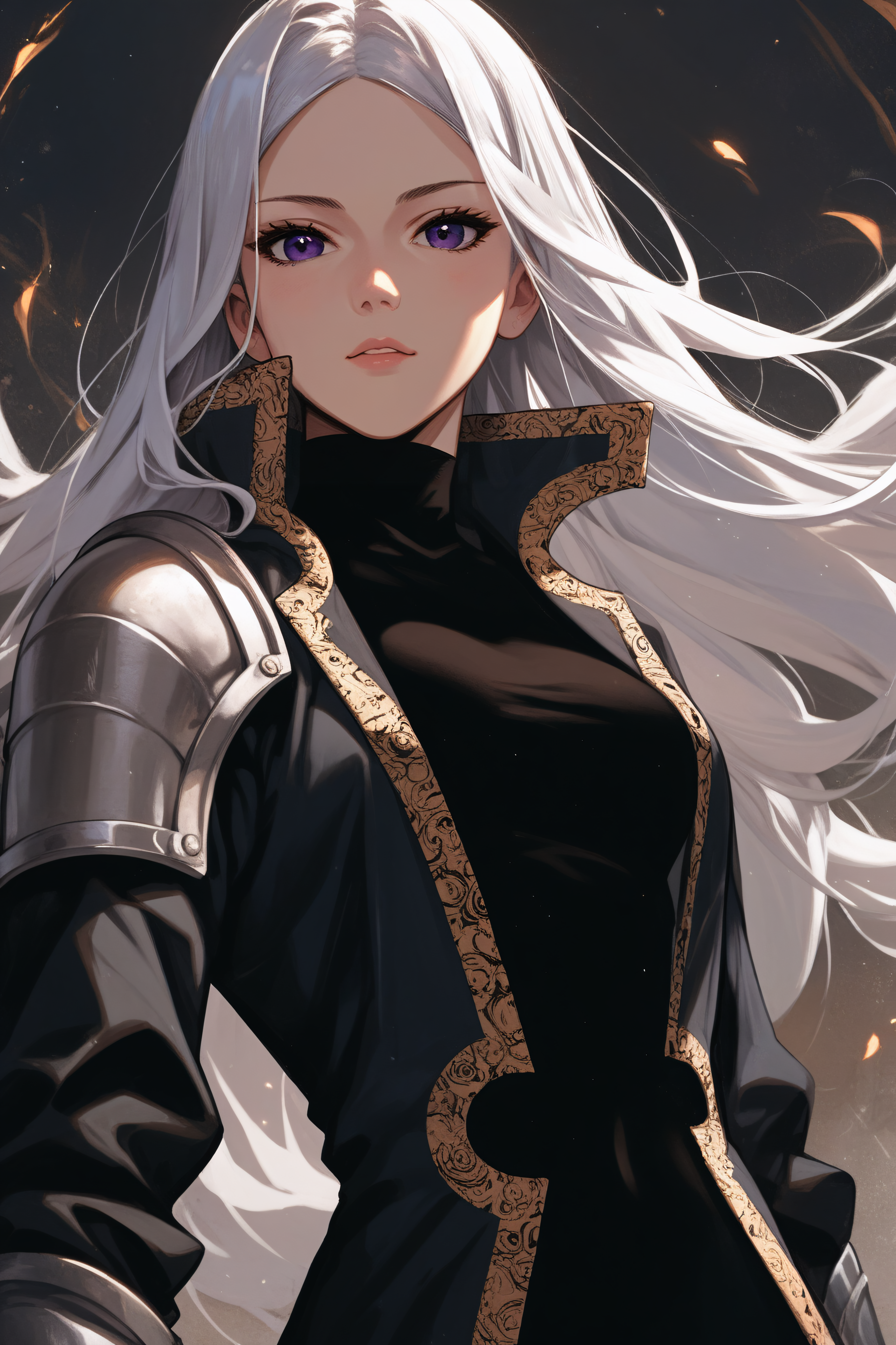 score_9, score_8_up, score_7_up, score_6_up, source_anime, <lora:Luna Runcandel-PonyXL-lora-Faxtron:1> luna runcandel, purple eyes, white hair, long hair, medium breasts, coat, black bodysuit, gauntlets, pauldrons,