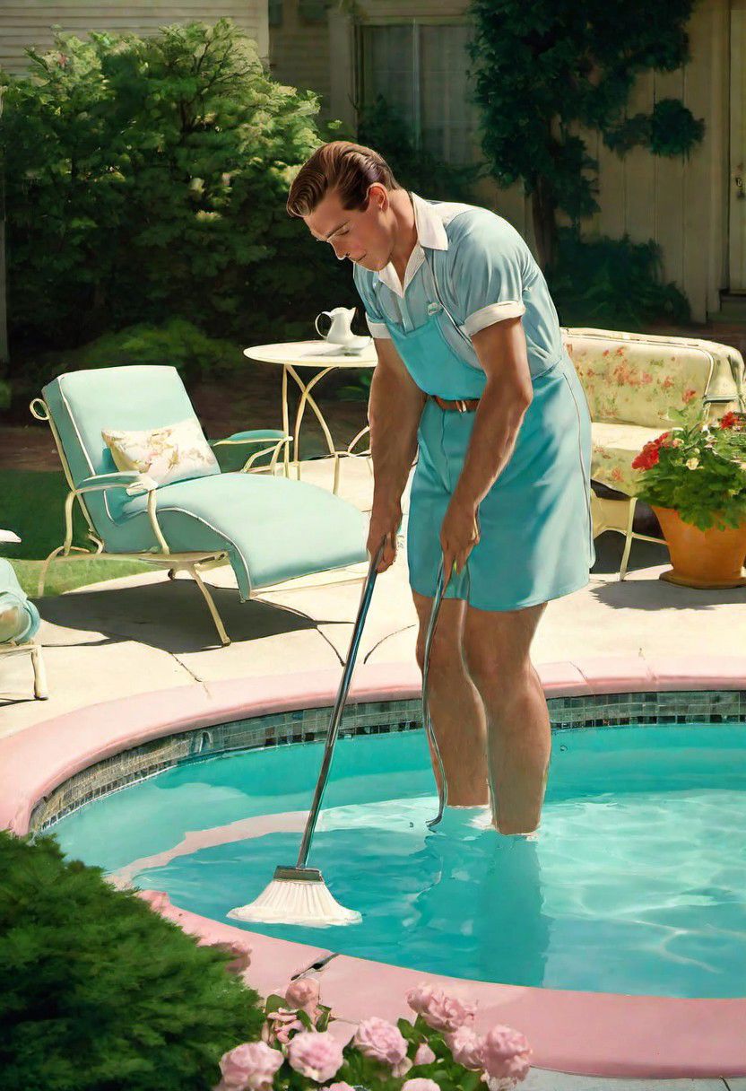 An evocative scene set in a 1950s backyard, filled with pastel hues that transport us to a bygone era. In this charming vintage backyard, a pool boy is cleaning a pool, embodying the timeless domesticity and warmth of the 1950s.
