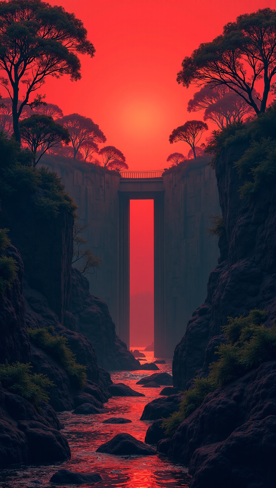 In the style of brutalism, stark, raw concrete forms and minimalist geometry dominate the design, with highly detailed architectural precision, figurativism art stylized by Georges Papazoff, dark art, Painting, landscape of a In the midst of a lush jungle, the iconic silhouette of Kijara Seafalls comes to life. The sky is a deep red, and the leaves of the trees are deep and delicate. The scene is reminiscent of a dreamlike world, noise,, grand illumination, dynamic cinematic color, fertile, cool colors, delicate, inspired